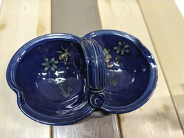 VTG Signed Pottery 2 Compartment  Divided Handle Dish Cobalt Blue Hand Painted - £51.86 GBP