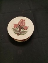 Vtg Round Wooden Shaker Box Hand Painted Wood Tulips on Lid Signed M.Clay 4.5&quot; - £8.91 GBP