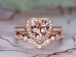 1.90Ct Heart Cut Peach Moraganite &amp; Diamond Bridal Ring Set 14K White Gold Fn - £71.74 GBP