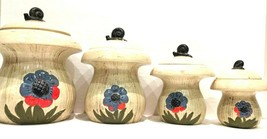 Vintage 4 Canisters Hand Painted Embossed Ceramic Mushroom Shaped Kitchen Jars - £99.22 GBP