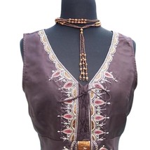 Cache Brown Silk Embroidery Embellished Lace Up Top NWT Plunging V Neck $88 - $35.20