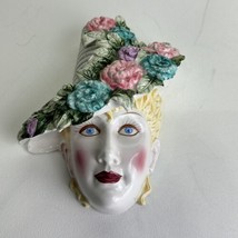 Vintage Art Pottery Clay Mask Woman Floral Hat Face Mask Wall Hanging - £52.25 GBP