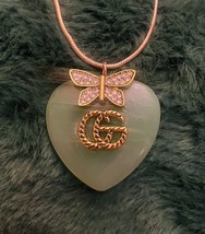 Elegant Repurposed Gucci GG Butterfly Green Jade Heart Pendant Necklace - $133.71