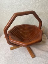 Vintage Wooden Mid Century Collapsible Spiral Bowl Basket Folding Handle - £17.34 GBP