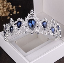 Baroque Silver Plated Blue Crystal Bridal Jewelry Sets Necklace Earring Tiara Cr - £33.97 GBP
