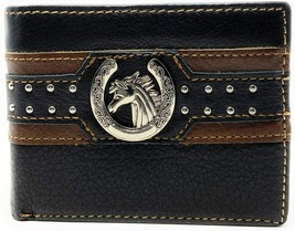 Western Genuine Leather Mens Metal Concho Horse Head Bifold Short Wallet - $26.99