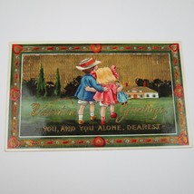 Postcard Greeting Valentine Antique Boy Girl House Trees Metallic Foil E... - £7.98 GBP