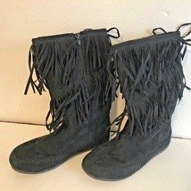 Mudd Girls Sz 5 M Fringe Boots Suede MDKenzel Black Calf Zip uP Flat  - $18.81