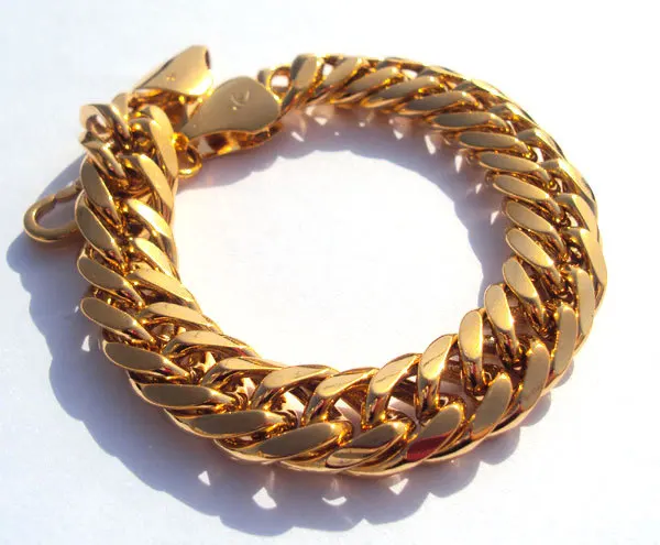 Men&#39;s 24 Kt Gold Gf Hge 9 Inch Heavy Luxurious Hypotenuse Nugget Bracelet Uncond - £28.05 GBP