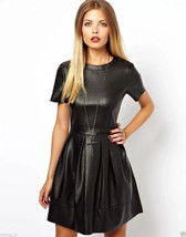 New Women&#39;s Round Neck Leather Dress Real Lambskin Style Slim Fit trendy... - £107.66 GBP+