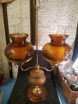 Vintage Brass Double Hurricane Lamp Amber Hobnail Shades - £158.71 GBP