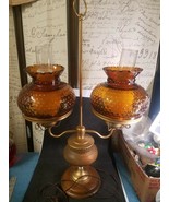 Vintage Brass Double Hurricane Lamp Amber Hobnail Shades - £156.14 GBP