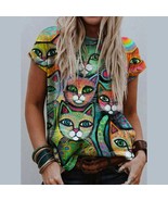 Ladies Street Hipster 3D Abstract cartoon cat T Shirts Casual Loose Tops... - £15.13 GBP