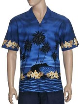 KY&#39;S Mens Hawaiian Shirt Navy Blue Green Ocean Blue Beach Sunset Palm Trees - £45.55 GBP