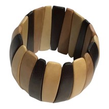 Vintage Large Wooden Oval Flat Bead Stretch Bracelet Chunky Wood Elastic Beaded - £31.17 GBP