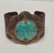 BARSE Cuff Bracelet Tooled Leather Band Blue Turquoise Large Stone Gold ... - £77.36 GBP