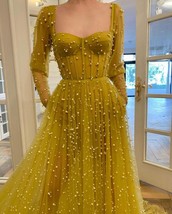 Sweetheart Neckline Hang Up Long Sleeves Yellow Prom Dress with Pocket See Throu - £316.32 GBP