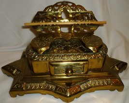 Vintage Solid Brass Bronze Double Inkwell By Bradley &amp; Hubbard Desktop Decor - £70.52 GBP