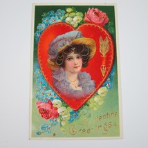 Postcard Greeting Valentine Antique Lady Purple Hat Red Heart Blue Flowers Gold - £7.82 GBP