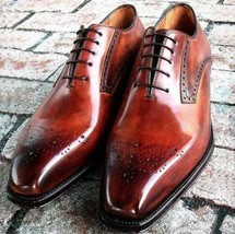 Handmade Men&#39;s Cognac Patina Lace Up Formal Oxfords Dress Shoes - $132.99+