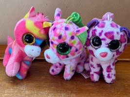 Lot Of 3 Ty Beanie Boo Pink Patterned Plush Fantasia Unicorn Glamour Leopard - £7.58 GBP