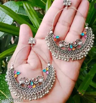 Kundan Earrings Chand Bali Silver Plated Jewelry Set Antique banajara Ramdan - £10.51 GBP