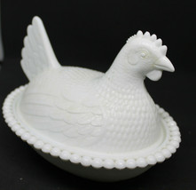 Vintage White Indiana Glass Nesting Hen Rooster Covered Candy Dish Trinket MCM - £30.33 GBP