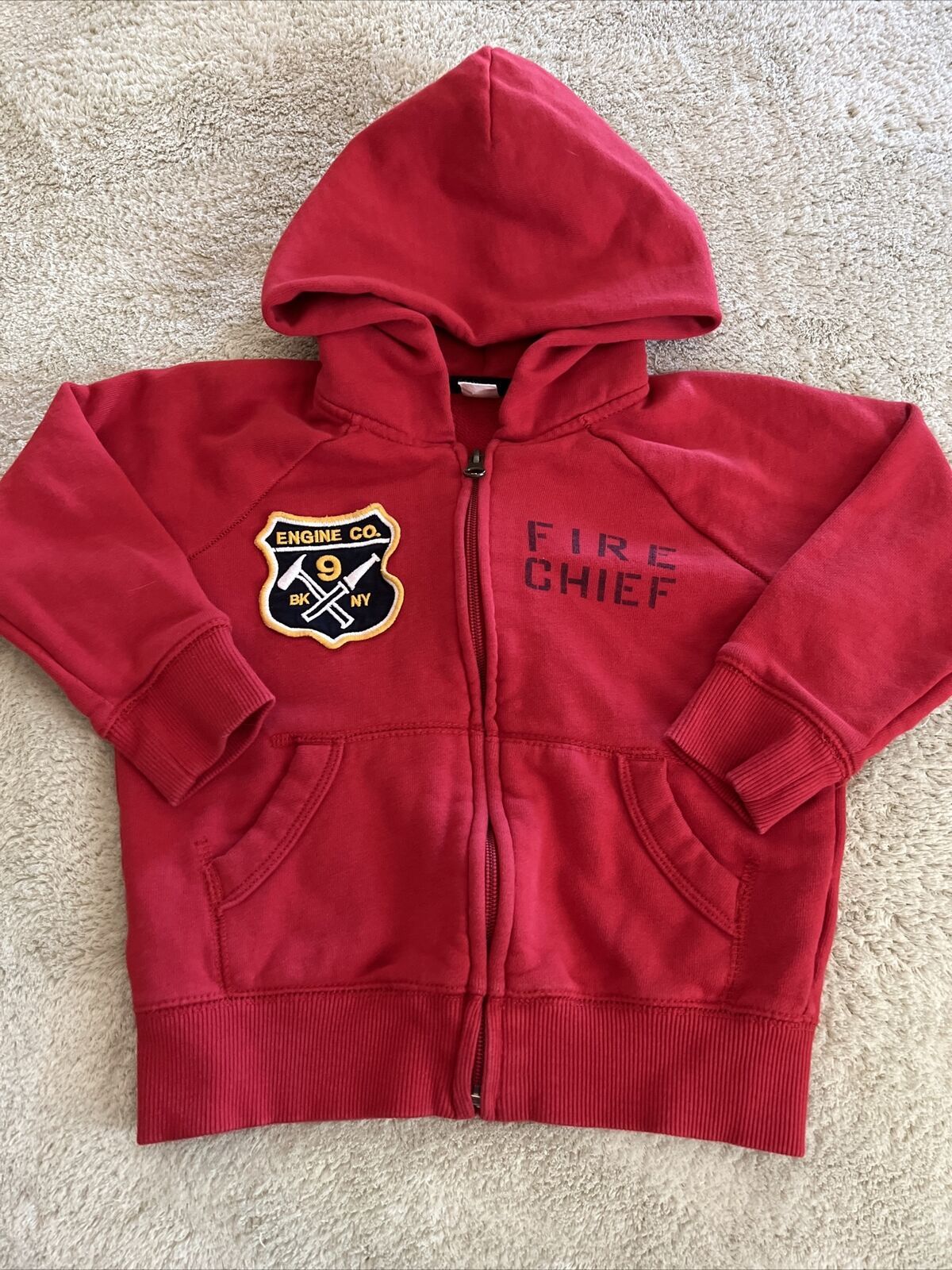 Baby Gap Boys Red Fire Chief NY Truck Embroidered Full Zip Long Sleeve Hoodie 4 - $14.70