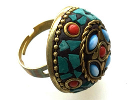 Magic Tibetan Style Ring Decorated with Stone and Wood Taliman Lucky Rare Amulet - £23.49 GBP