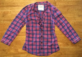 Abercrombie Kids Girl&#39;s Blue &amp; Pink Plaid V-Neck Dress Shirt - Medium - $14.01