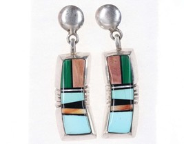 Pr Vintage Native American Sterling/natural stone channel inlay earrings - £136.22 GBP