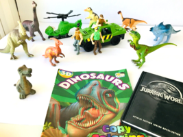 Jurassic World Lot 8 Dinosaurs Book Action Figures Jeep Helicopter Coloring Book - $29.02