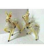 Vtg Christmas 2 Reindeer Prancing 9" High Plastic Decorated Bling Off Wh... - $543.83 MXN