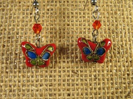 Earrings Pierced 1.5&quot; Red Puff Butterflies Cloisonne&#39; White Metal Shepherd Hooks - $5.77