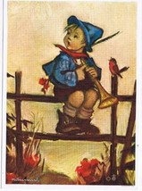Germany Postcard Hummel Boy On Fence Birds Trumpet - £2.25 GBP