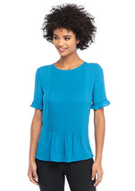 New The Limited Women Blue Pintucked Ruffle Short Sleeve Round Neck Blouse Top L - £25.88 GBP