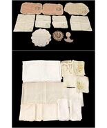 Vintage Linen Tablecloth &amp; Napkin Lot Mixed Styles Embroidered Crochet M... - $29.69