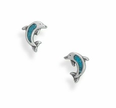 Oxidized Turquoise Chip Dolphin Stud Earrings 925 Sterling Silver Women Ear Drop - £50.81 GBP