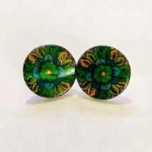 VTG Flower Button Earrings Painted Mother Of Pearl Shell Round Blue Green Yellow - £10.68 GBP