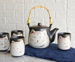 Japanese Maneki Neko Lucky Cat Ceramic Charcoal Black 20oz Tea Pot &amp; 4 Cups Set - £24.76 GBP