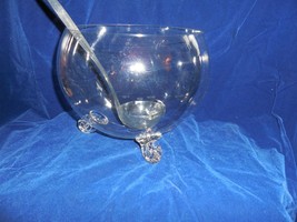 Crystal 3-Toed &quot;Globe&quot; Punch Bowl with 12 Handled Cups, Glass Ladle - £70.02 GBP