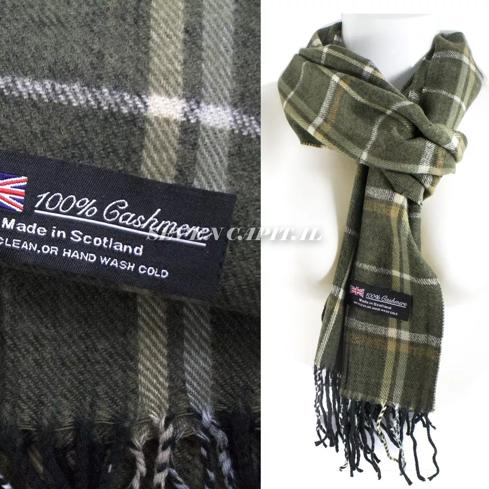 12 Dark Green White Scarf 100% Cashmere Scotland Super Soft - $99.00