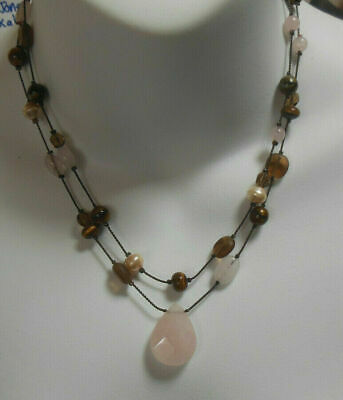 Lia Sophia 2 Strand Rose Quartz &amp; Tigers Eye Glass Bead Pendant Necklace - $15.83