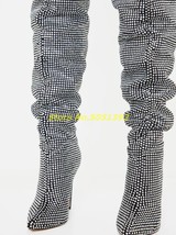 Black Slouch Thigh High Boots Crystal Studded Stiletto High Heel Pointed Toe Zip - £242.71 GBP