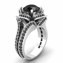 Lotus Engagement Ring 3.20Ct Round Cut Black Moissanite 14K White Gold in Size 9 - £208.37 GBP