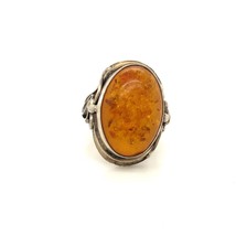Vtg Signed Sterling Repousse Oval Cognac Baltic Amber Stone Cabochon Ring 7 3/4 - £50.39 GBP
