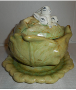 Cabbage Serving Bowl Covered Lid Underplate Ceramic 3 Bunnies Handmade 1974 - £23.91 GBP