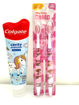 Colgate Kids Toothpaste Unicorn Bubble Fruit Exp 11/23 2-Pk Pink Camo Toothbrush - £4.82 GBP