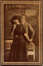 Vtg Postcard 1912 Romance - I.O.U. A Hug - Printed Frame Sepia Litho - £10.47 GBP