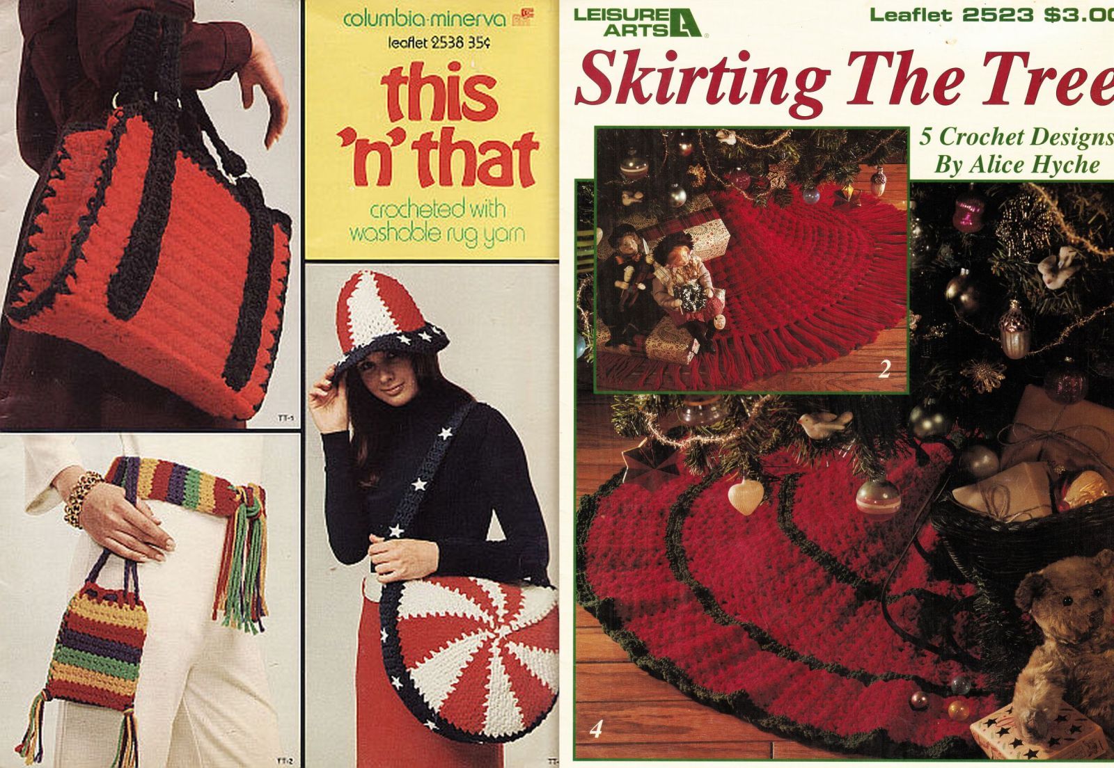 Primary image for 2X 1971 Crochet Patriotic Tote Hat Rug Slippers Golf Xmas Tree Skirt Pattern 